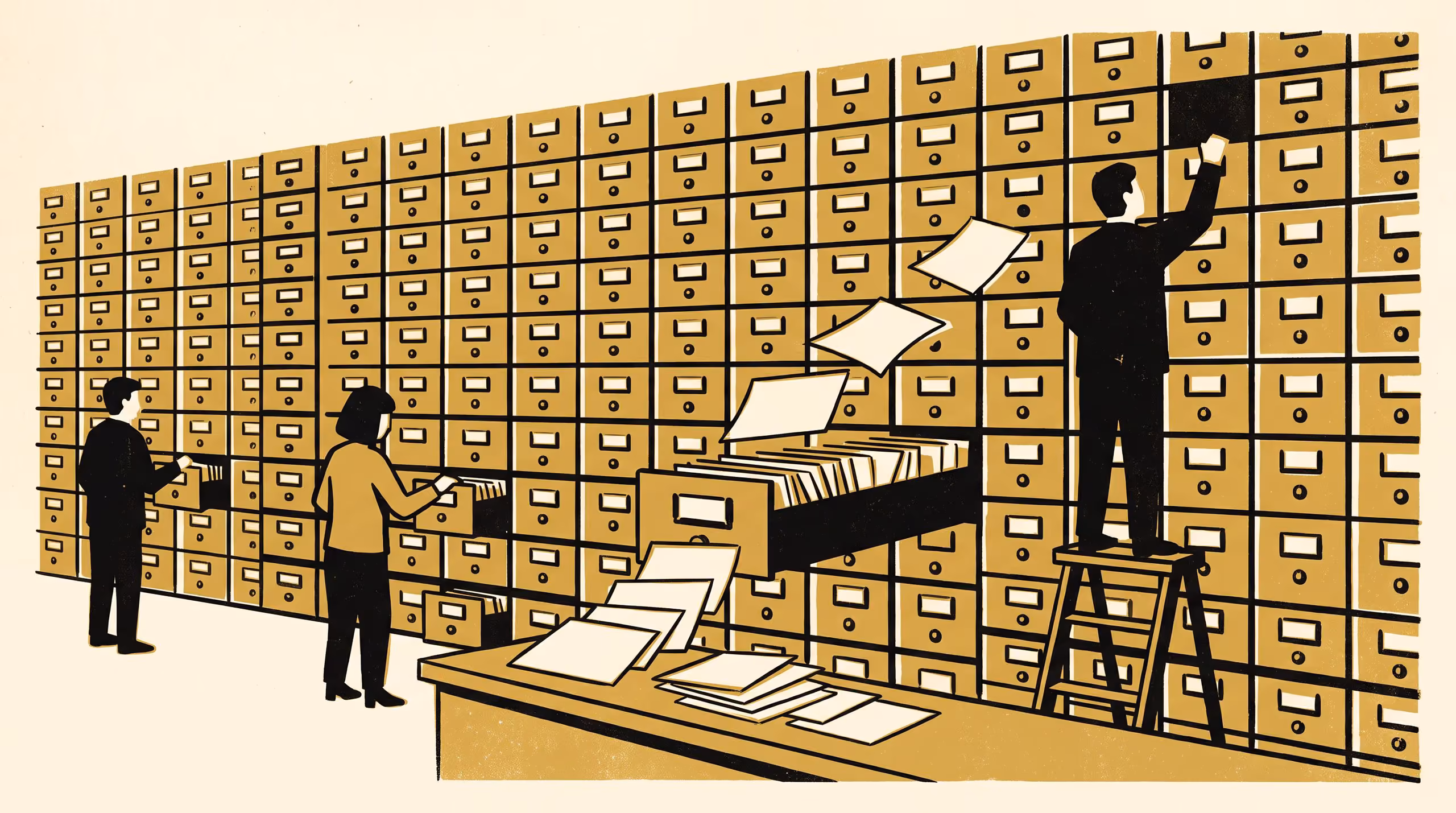 Three figures working a wall of card-catalogue drawers, one on a ladder, loose cards fanned across the counter below